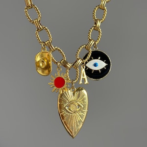 Collana con fascino grosso, collana con fascino personalizzato, gioielli con fascino vintage in oro, regalo di compleanno per lei, collana iniziale personalizzata, ciondoli a catena immagine 1