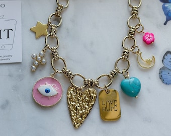 personalized charm necklace, customizable pendant necklace, unique gift for her, boho chunky charm necklace, handmade heart layered pendant