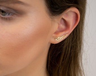 ailes de grimpeur d’oreille, boucles d’oreilles minimalistes en or 14 carats, chenille d’oreille délicate, boucles d’oreilles délicates, boucles d’oreilles simples en or, cadeau parfait pour elle