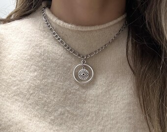 Silver Eye Necklace, Statement Chain Necklace With Eye