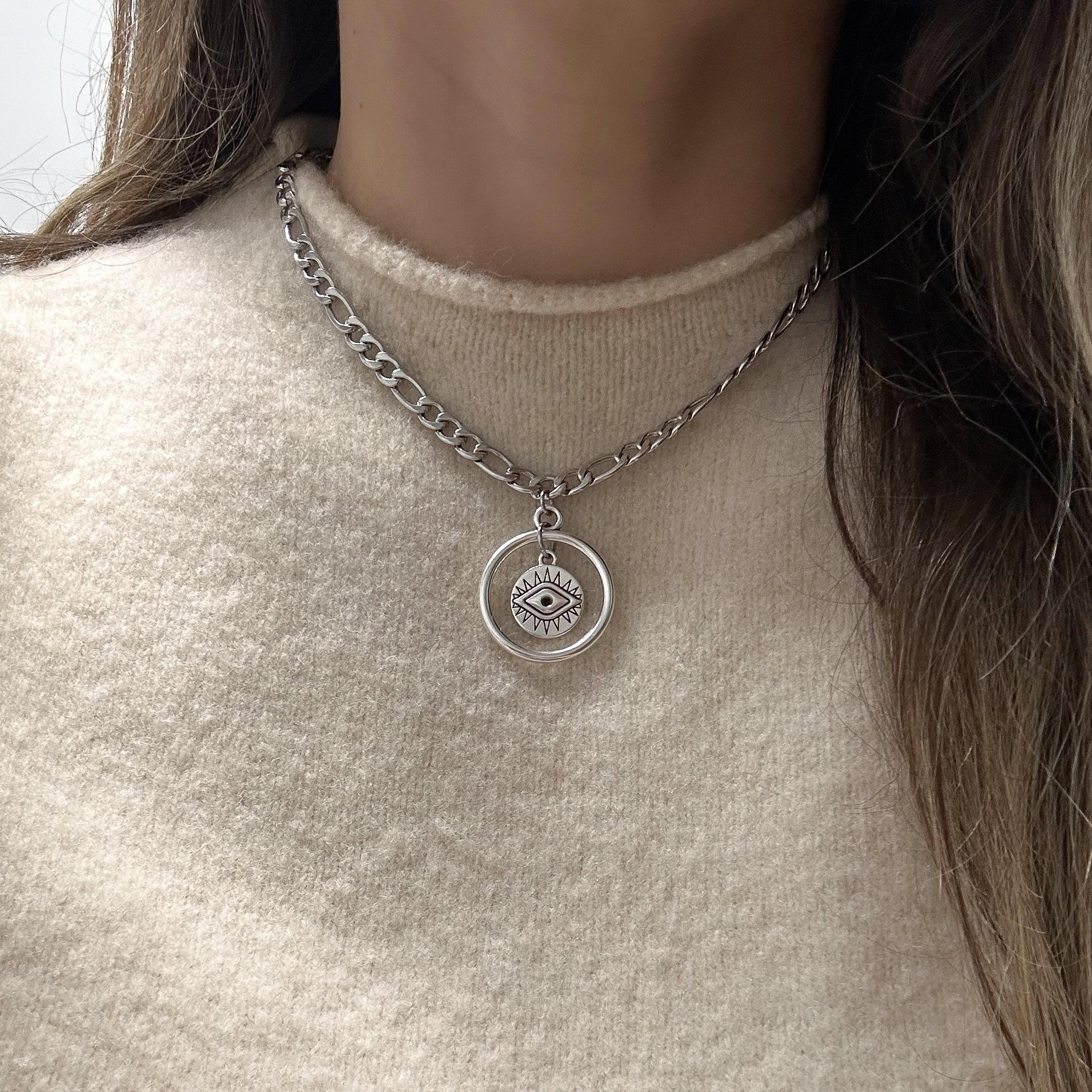 Silver Eye Necklace, Statement Chain Necklace With Eye