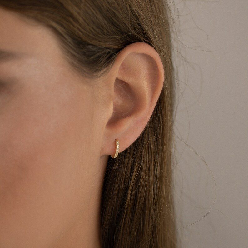thin delicate hoops made from sterling silver 925, cz hoops gold, dainty huggie earring, modern earring, second hole earring, classy earring image 3