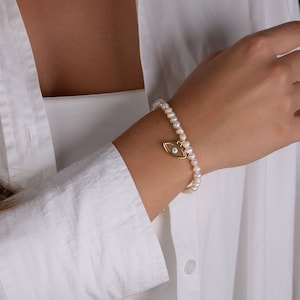 evil eye bracelet, small evil eye pearl bracelet, freshwater pearl bracelet, dainty pearl bracelet, minimalist bracelet, handmade bracelet image 5
