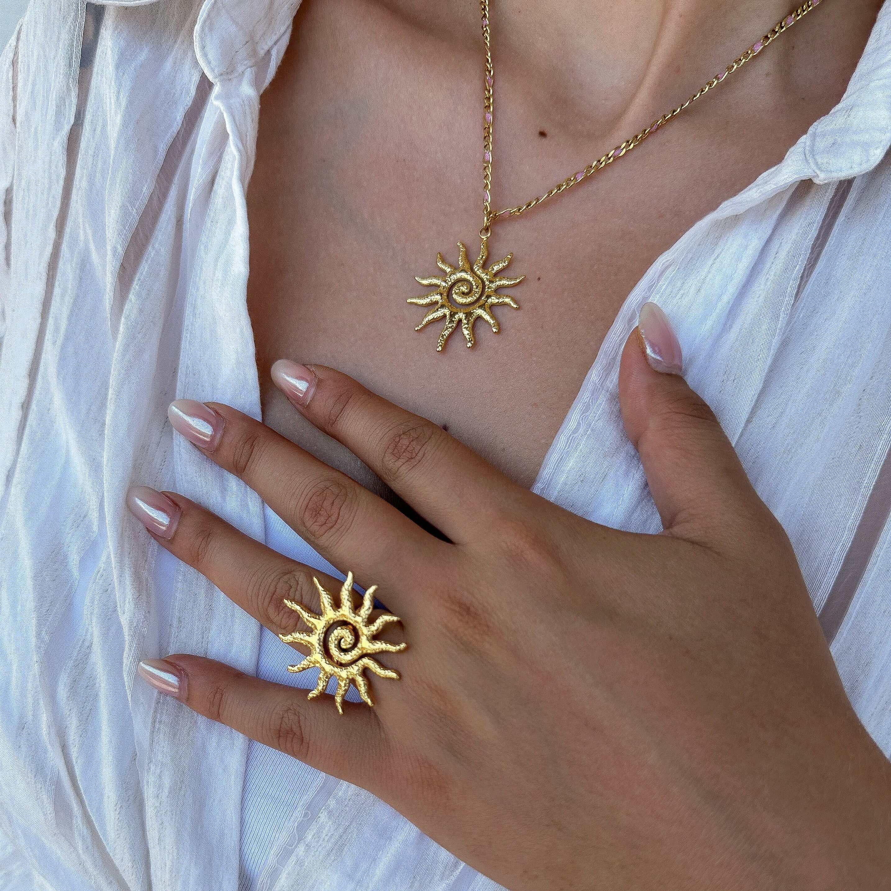 large sun charm necklace, gold spiral layering necklace, adjustable sun ring, long big pendant necklace, celestial hammered charm necklace