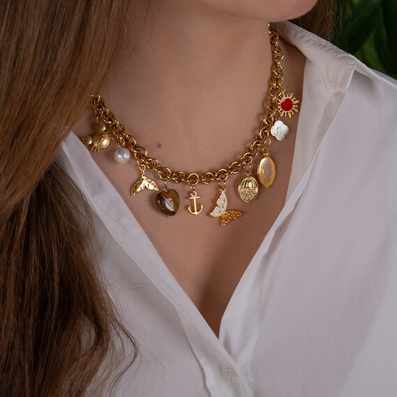 Custom Charm Necklace, Gold chunky Chain Charm Necklace, Vintage Charm Jewelry, Gift for Her, Personalized Initial Necklace, Make Your Own