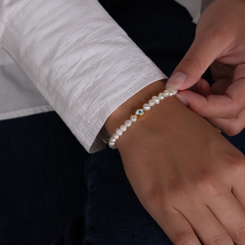 tiny evil eye bracelet, pearl bracelet, freshwater pearl bracelet, dainty charm bracelet, beaded bracelet, bridesmaid bracelet, gift for her image 4