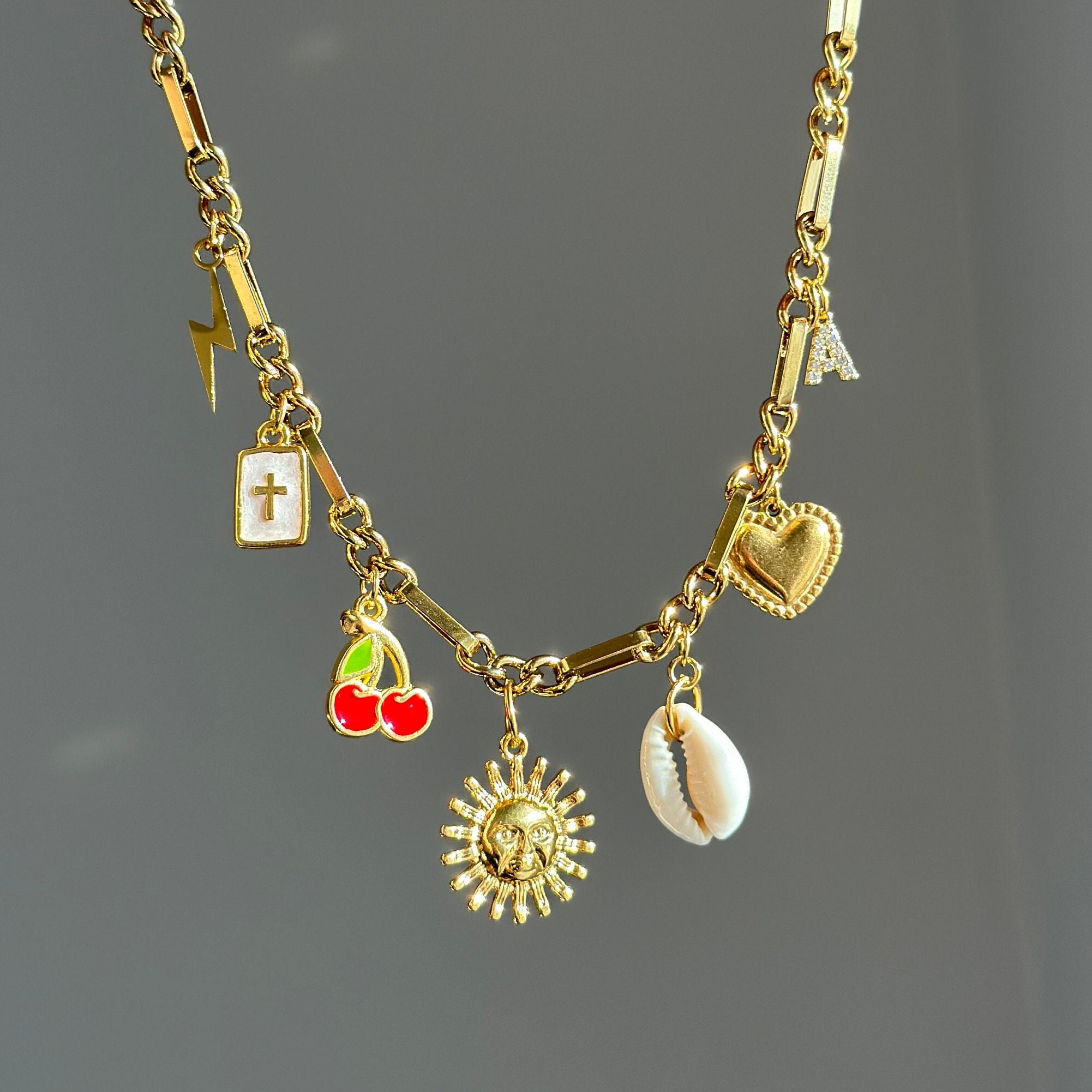 Chunky Custom Charm Necklace, Gold Chain Charm Necklace