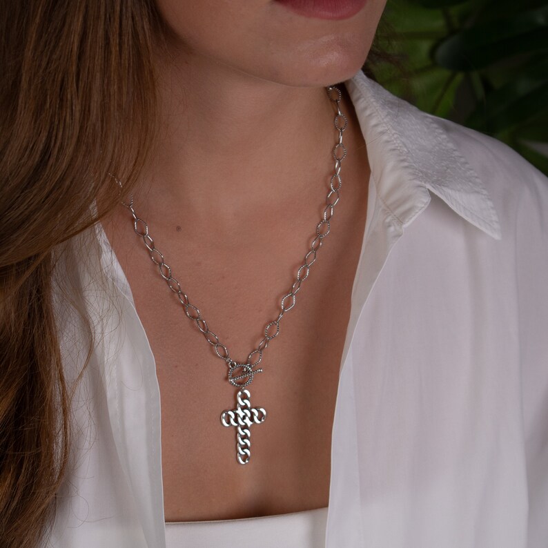 Silver Cross Necklace, Long toggle Necklace, Protection necklace, Christian Orthodox necklace, Statement Chain Necklace, Huge Cross Charm image 8