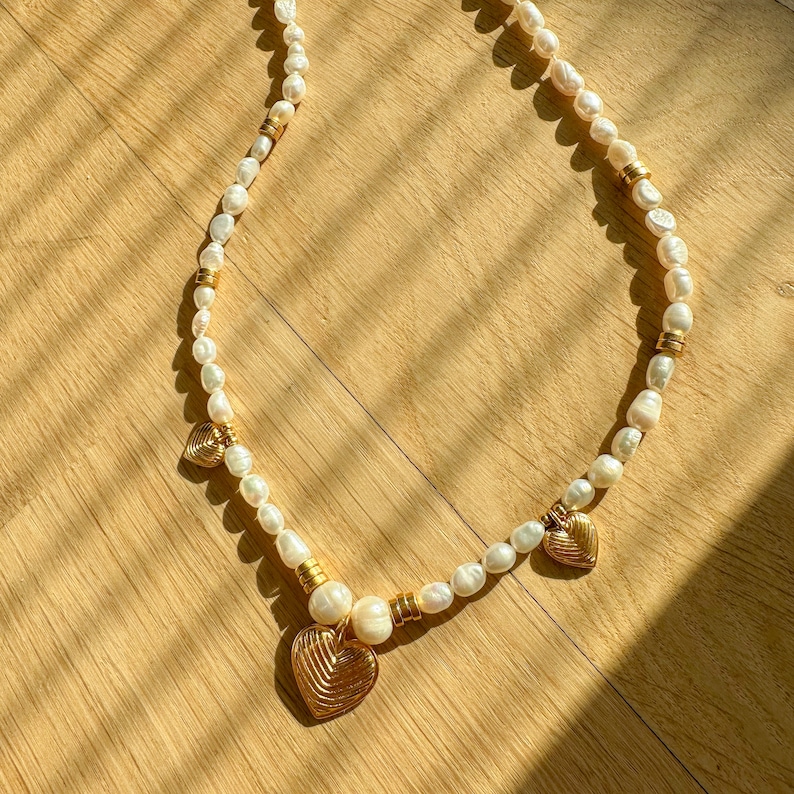 freshwater pearl necklace, heart pendant choker, handmade vintage style necklace, delicate unique necklace, real pearl gold heart necklace image 8