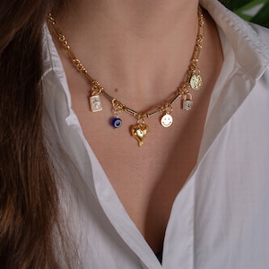 Haga su propio collar de encanto personalizado, collar de encanto de cadena de oro, joyería de encanto vintage, regalo de cumpleaños para ella, collar inicial personalizado imagen 2