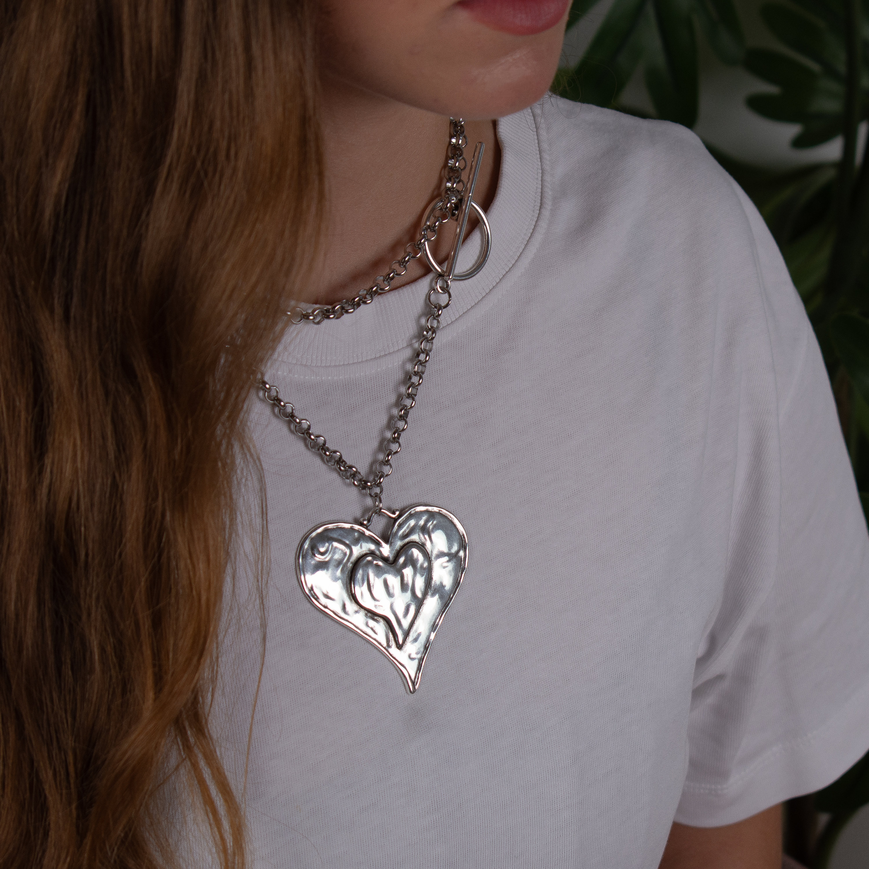 Statement Necklace, Large Silver Heart Pendant, Double Chain