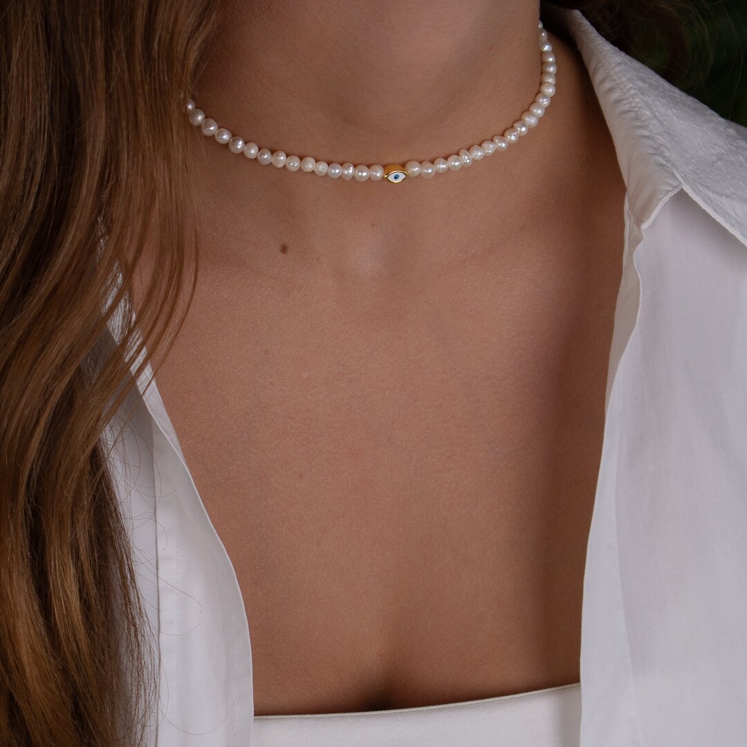Tiny Evil Eye Necklace, Freshwater Pearl Necklace, Small