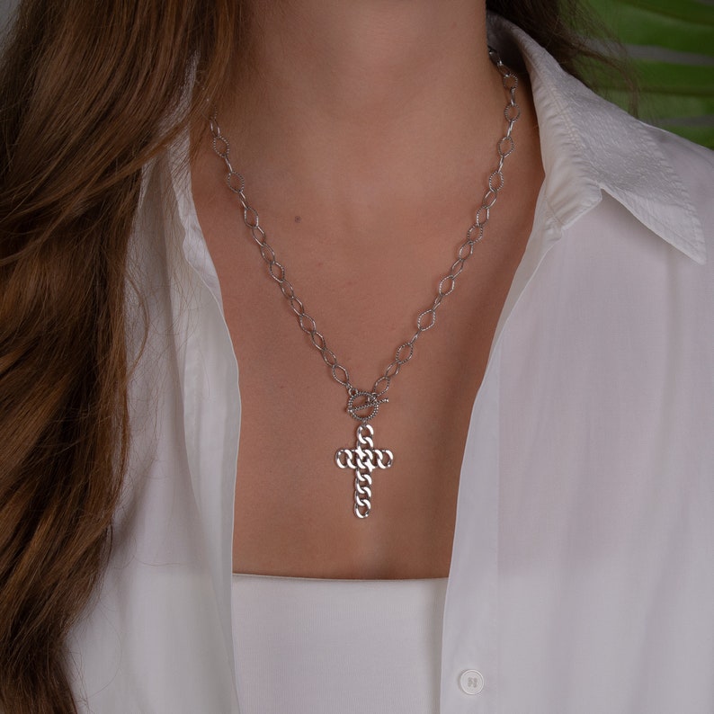 Silver Cross Necklace, Long toggle Necklace, Protection necklace, Christian Orthodox necklace, Statement Chain Necklace, Huge Cross Charm image 2