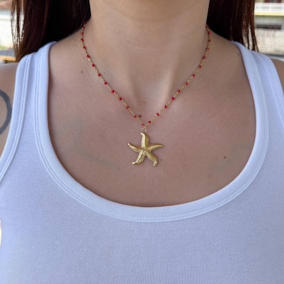Mom And Baby Starfish Necklace With Aqua Crystals - Ocean Jewelry