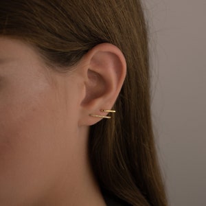 minimalist stud earrings, double line thin studs, gold dainty earring for women, unique style earring, stud earrings gold, delicate earring image 3