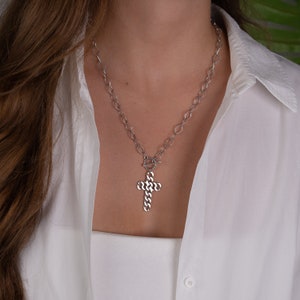 Silver Cross Necklace, Long toggle Necklace, Protection necklace, Christian Orthodox necklace, Statement Chain Necklace, Huge Cross Charm image 3