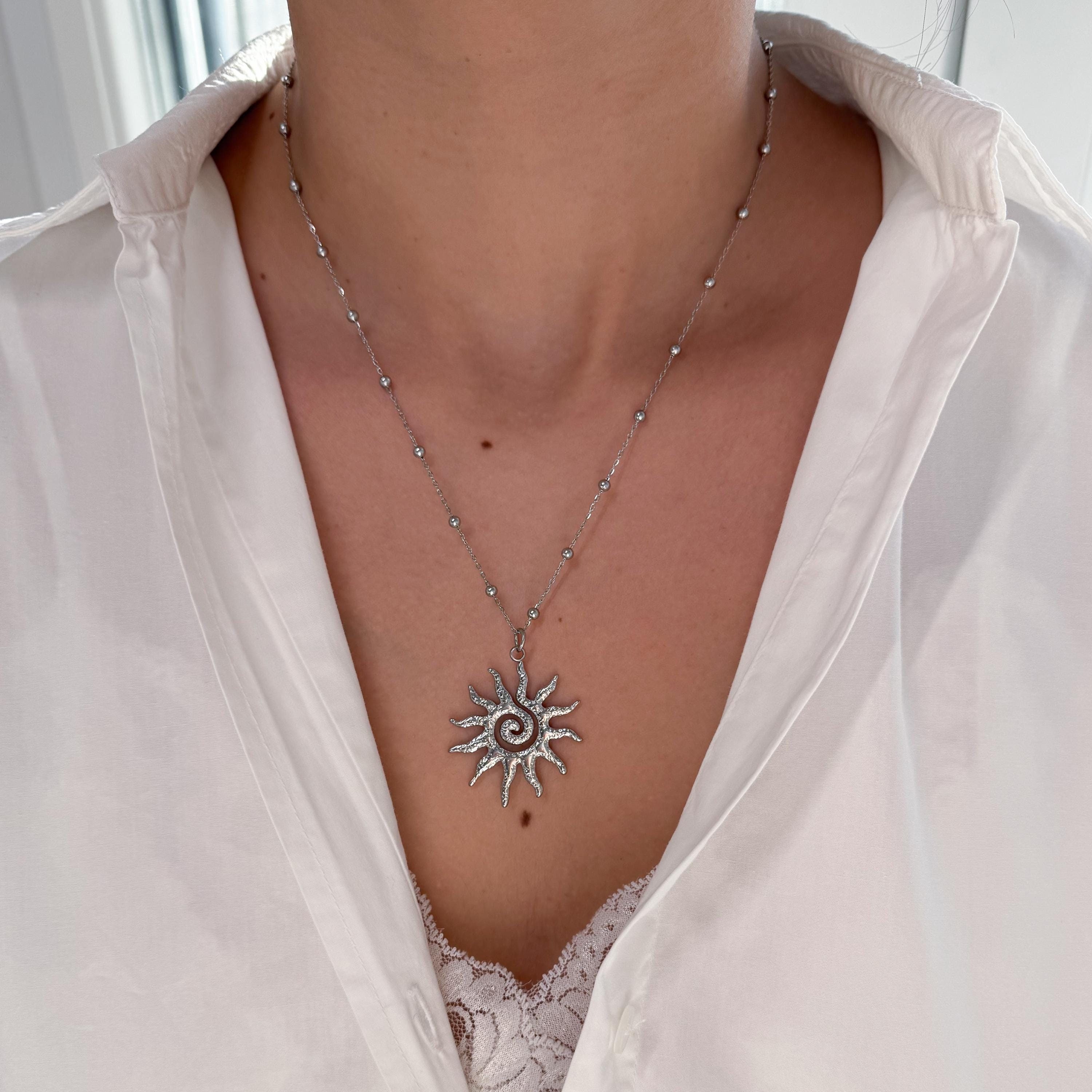 Large Sun Charm Necklace, Silver Spiral Summer Sunny Necklace