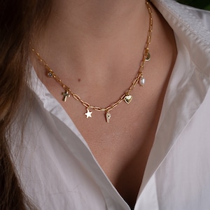 Maak je eigen aangepaste charme ketting, gouden ketting charme ketting, vintage charme sieraden, verjaardagscadeau voor haar, gepersonaliseerde eerste ketting afbeelding 3