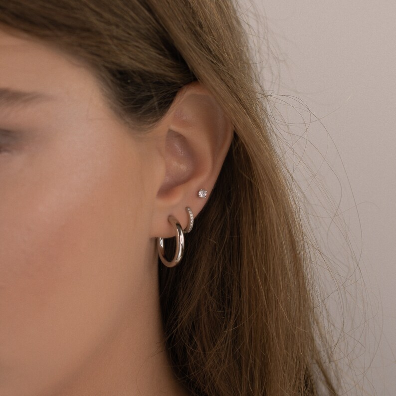 thin delicate hoops made from sterling silver 925, cz hoops gold, dainty huggie earring, modern earring, second hole earring, classy earring image 5