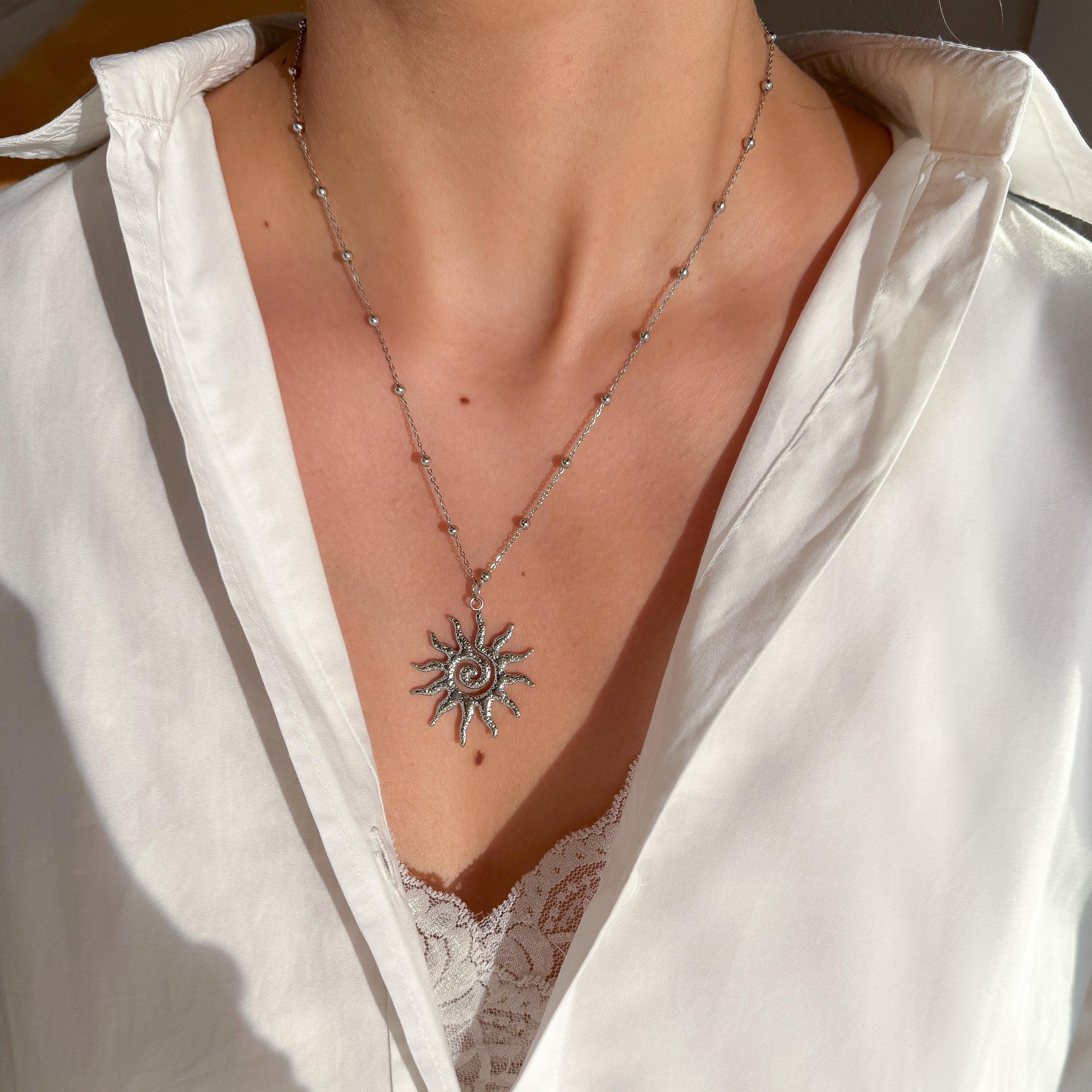 Large Sun Charm Necklace, Silver Spiral Summer Sunny Necklace 