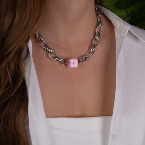 Evil Eye Necklace, Silver Chunky Chain Necklace, Pink Cube Evil Eye Pendant, Statement Necklace, Modern Necklace, Bold Thick Chain Necklace image 2