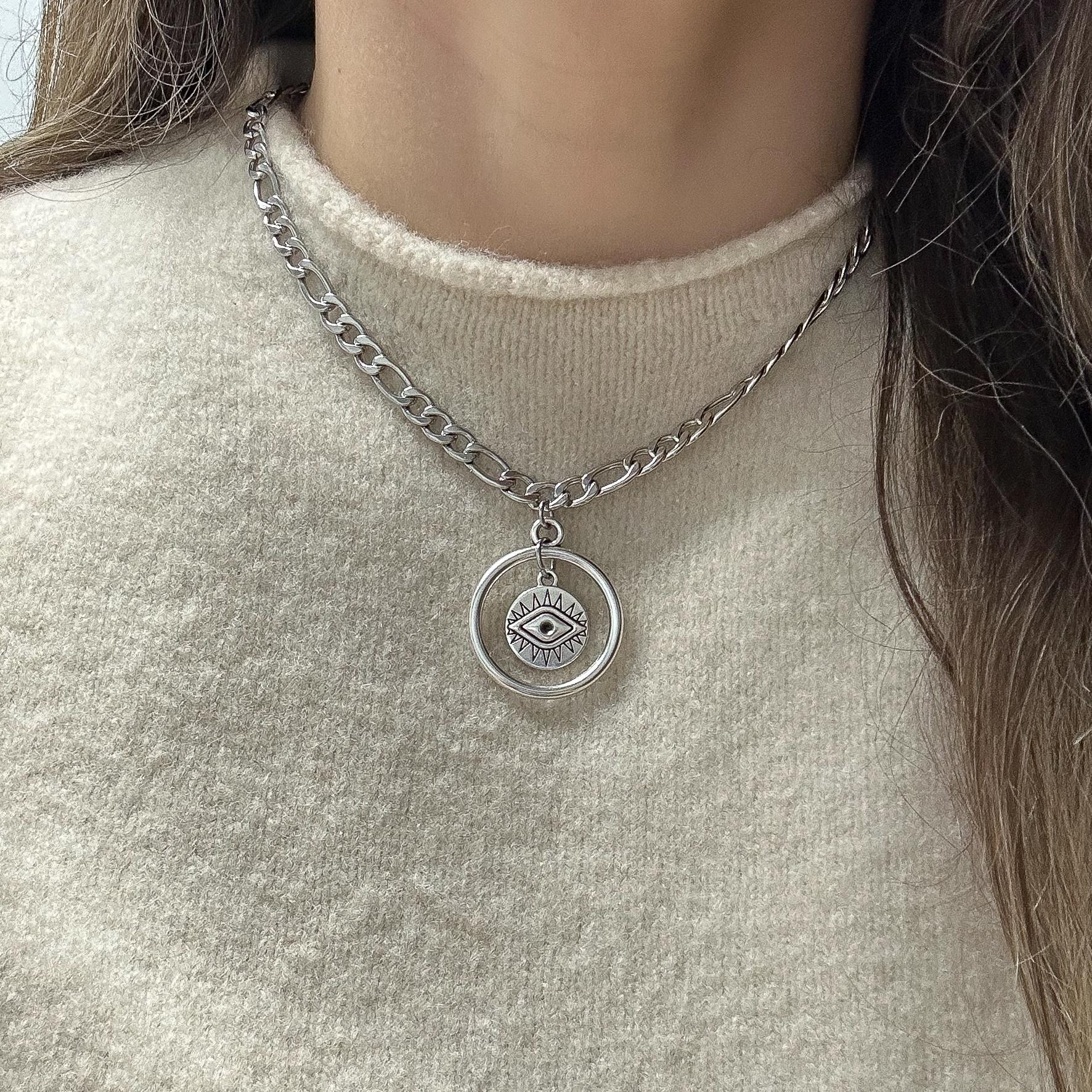 Silver Eye Necklace, Statement Chain Necklace With Eye