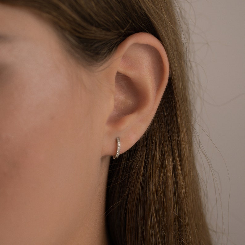 thin delicate hoops made from sterling silver 925, cz hoops gold, dainty huggie earring, modern earring, second hole earring, classy earring image 7