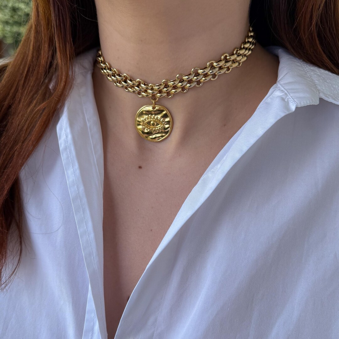 Large Coin Choker Necklace, Gold Chunky Summer Necklace, Big