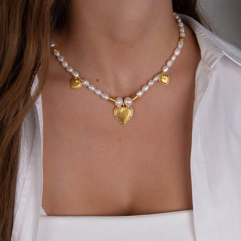 freshwater pearl necklace, heart pendant choker, handmade vintage style necklace, delicate unique necklace, real pearl gold heart necklace image 4