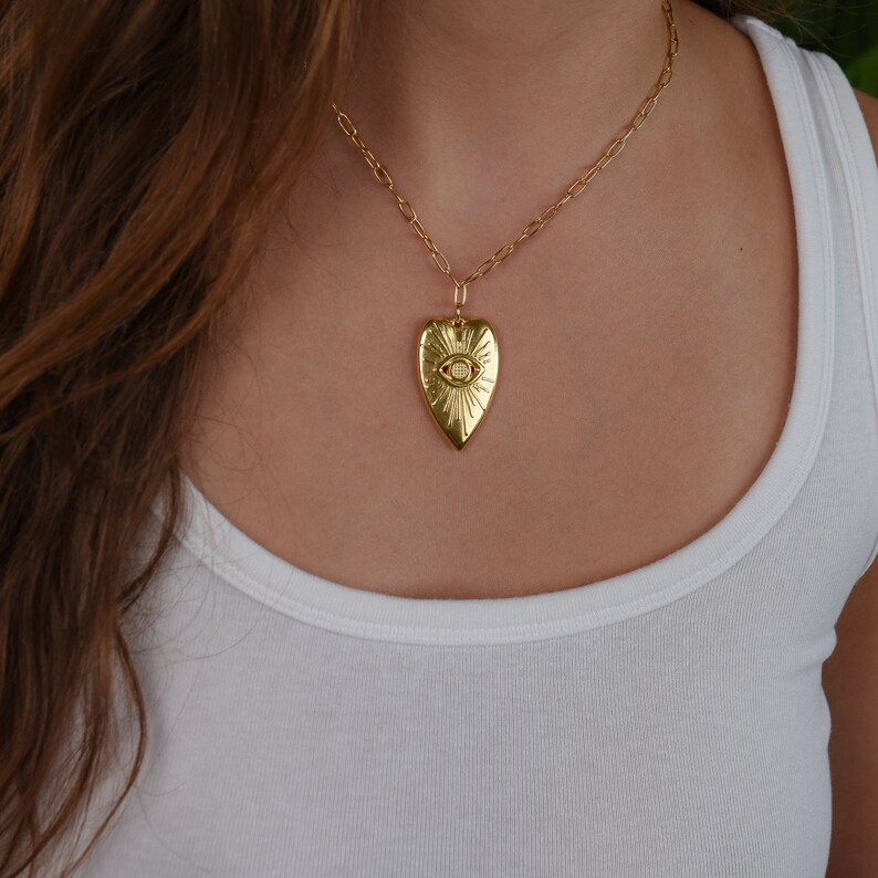 Gold Eye Heart Necklace, Big Love Pendant, Gift for Her, Summer Beach