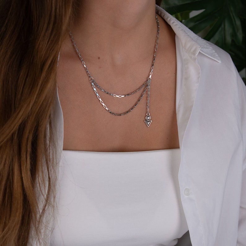 layered chain necklace, minimalist arrow silver necklace, double layer chain rock style, waterproof tarnish free jewelry, gift for women image 8