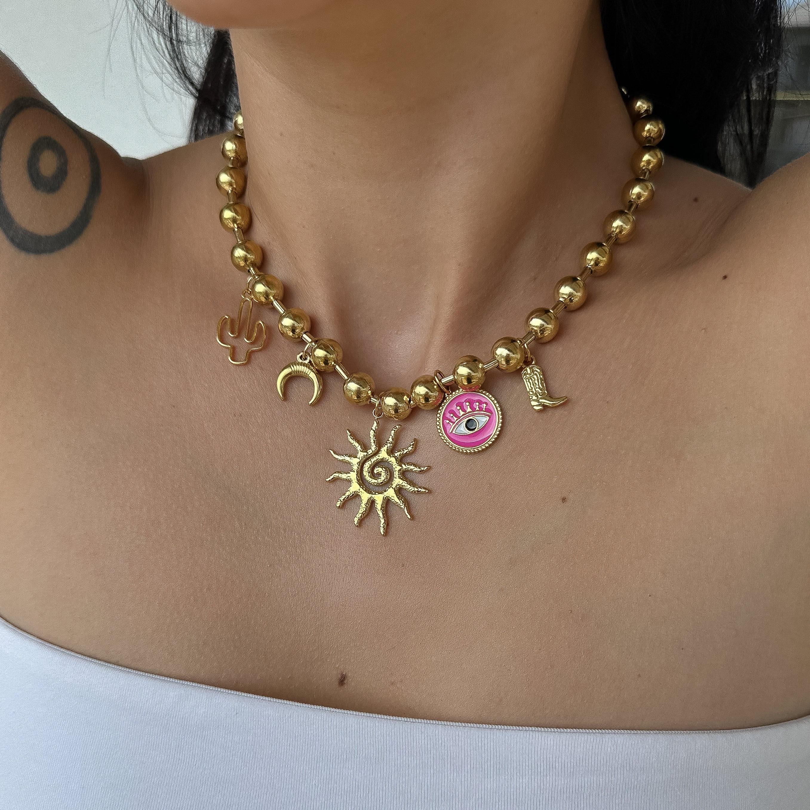 Large Sun Charm Necklace, Cowboy Boot Necklace, Chuny Ball