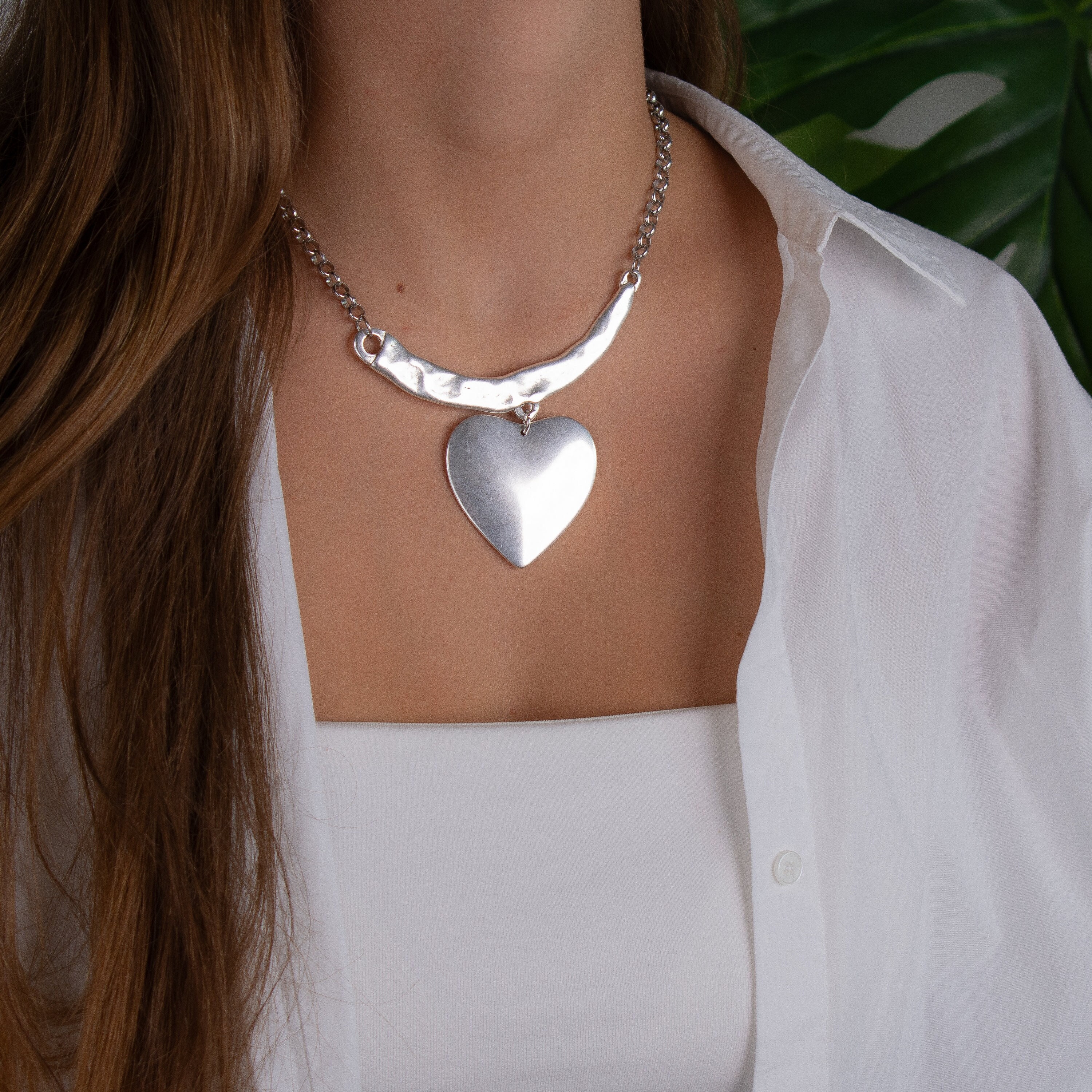 Silver Chunky Heart Necklace, Uno De 50 Style Necklace, Chunky 
