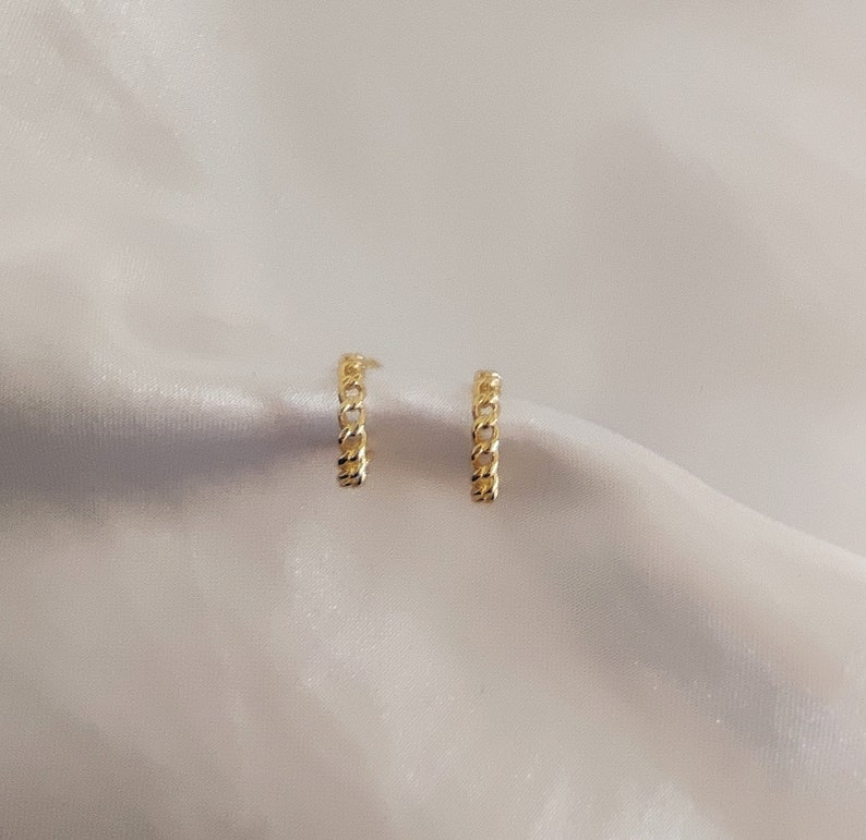 tiny chain hoops, very small hoop earring, 14k gold chain shape earring, small stud earring, gift for her, minimalist earring, dainty studs image 2