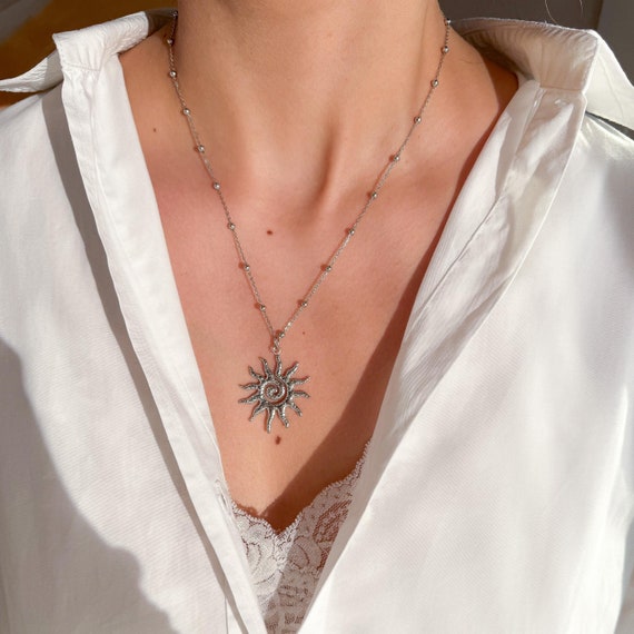 Large Sun Charm Necklace, Silver Spiral Summer Sunny Necklace