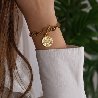 Bracciale Iniziale Personalizzato – Placcato Oro 18K, Acciaio Inossidabile, Ciondolo A Moneta 0,8 Cm, Per Donne E Ragazze