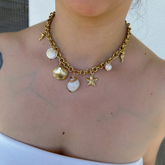 Beachy Gold Charm Necklace For Women - Seashell Starfish Pearl Surfer Chunky Pendant Summer Jewelry