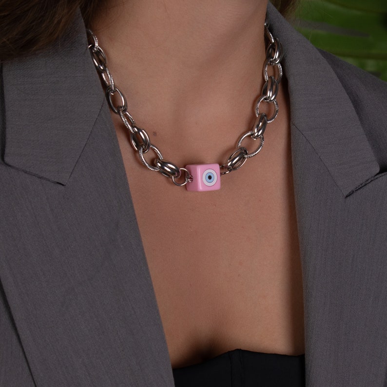 Evil Eye Necklace, Silver Chunky Chain Necklace, Pink Cube Evil Eye Pendant, Statement Necklace, Modern Necklace, Bold Thick Chain Necklace image 10