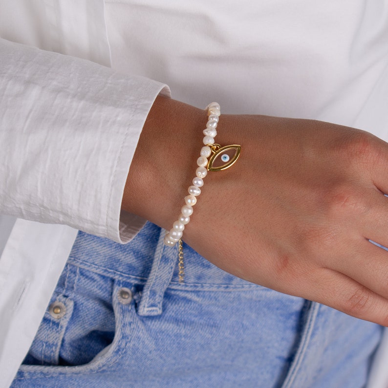 evil eye bracelet, small evil eye pearl bracelet, freshwater pearl bracelet, dainty pearl bracelet, minimalist bracelet, handmade bracelet image 9