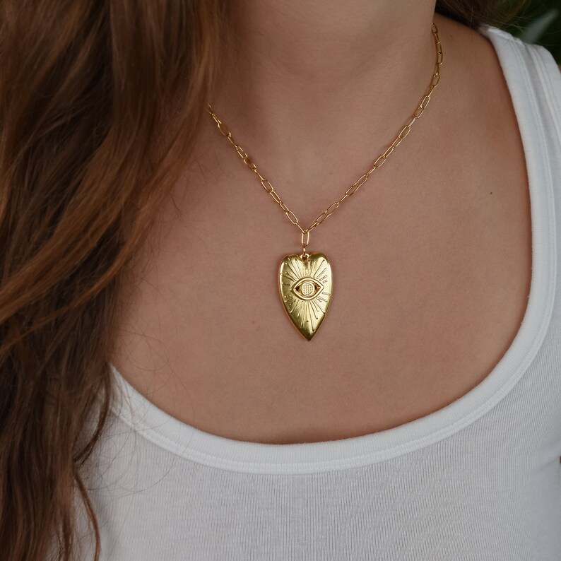 Gold Eye Heart Necklace, Big Love Pendant, Gift for Her, Summer Beach