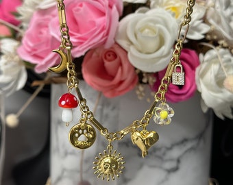 Maak je eigen aangepaste charme ketting, gouden ketting charme ketting, vintage charme sieraden, verjaardagscadeau voor haar, gepersonaliseerde eerste ketting