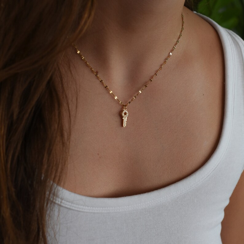 Tiny Gold Key Pave Charm Necklace, Small Pendant Necklace, Gift for Her