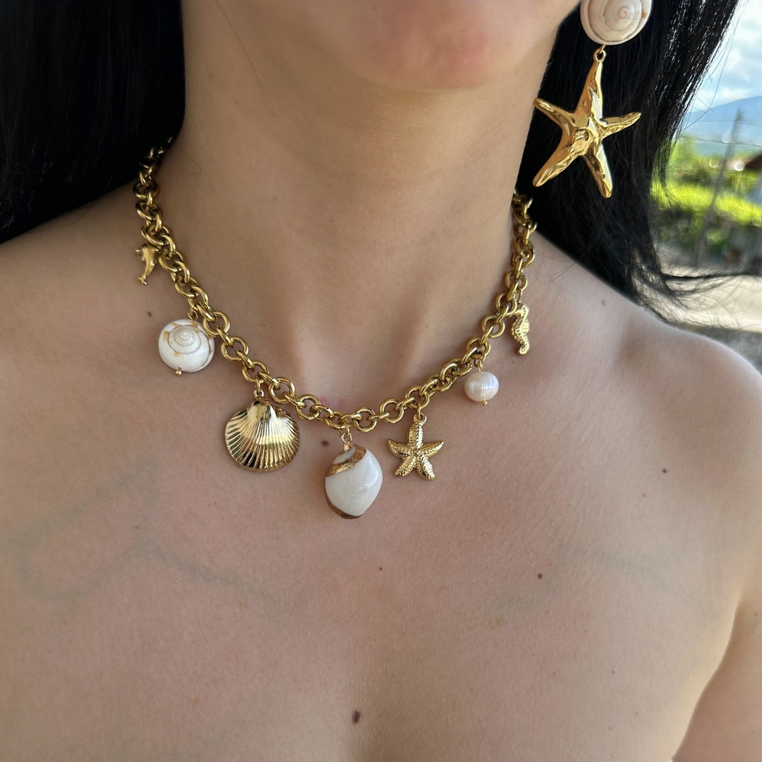 Chunky Charm Necklace, Gold Circle Chain Necklace, Ocean Inspired