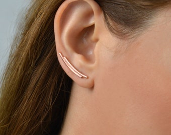 ear climber, 14k rose gold ear crawler earrings, minimalist ear cuff earring, unique gift ideas for women, handmade gold double bar earrings