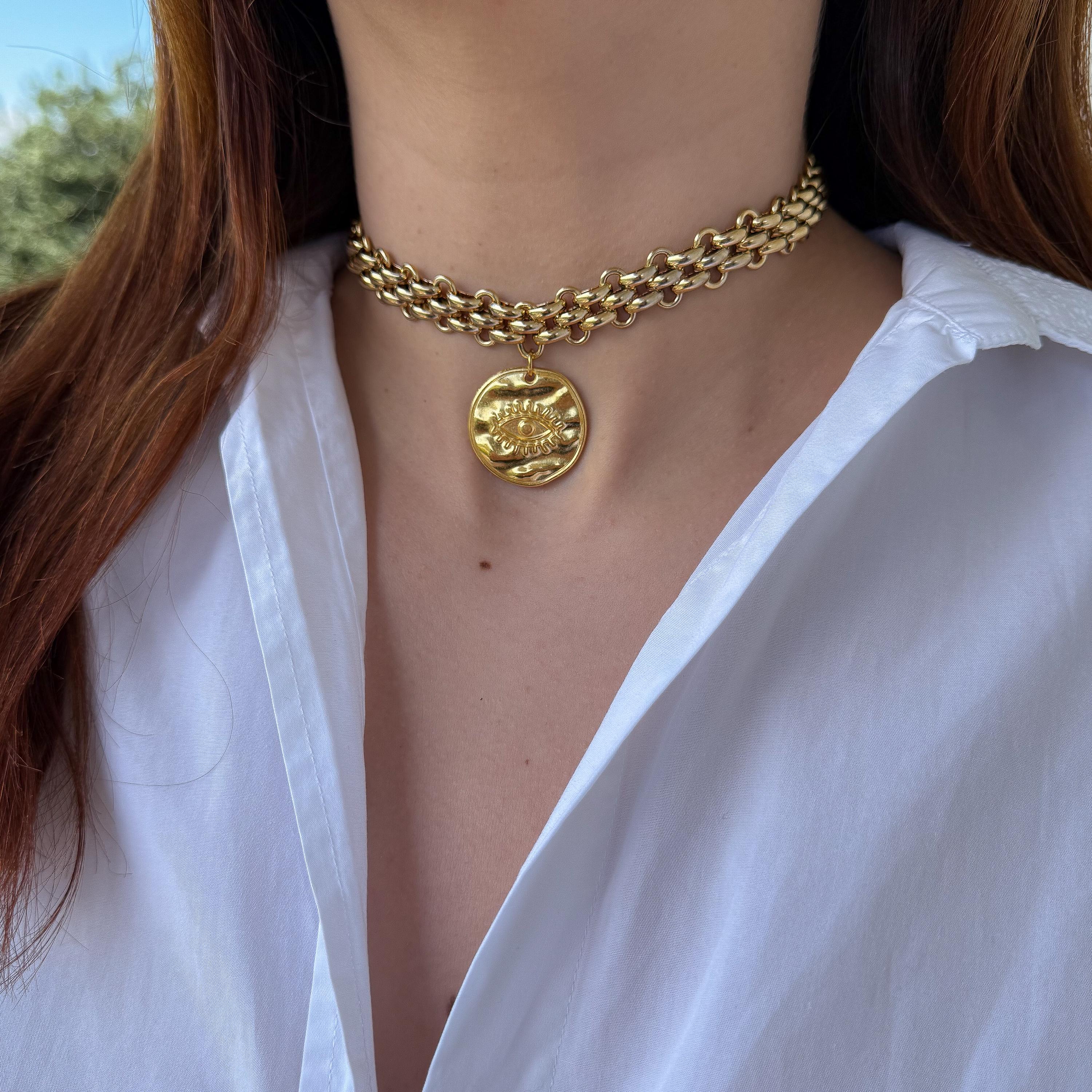 Large Coin Choker Necklace, Gold Chunky Summer Necklace, Big 