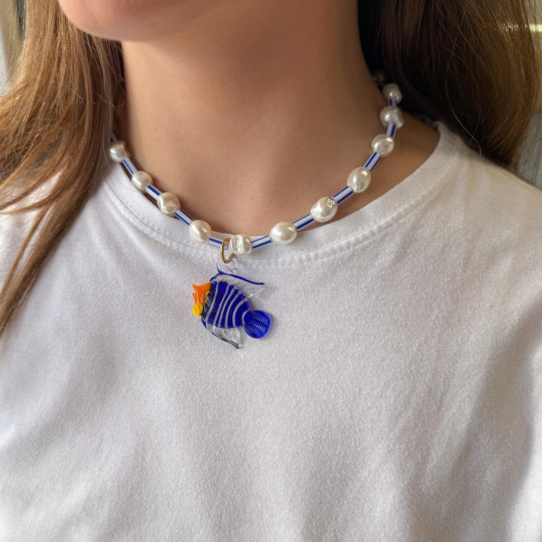 Glass Fish Necklace, Blue Marine Aqua Nautical Summer Necklace ...