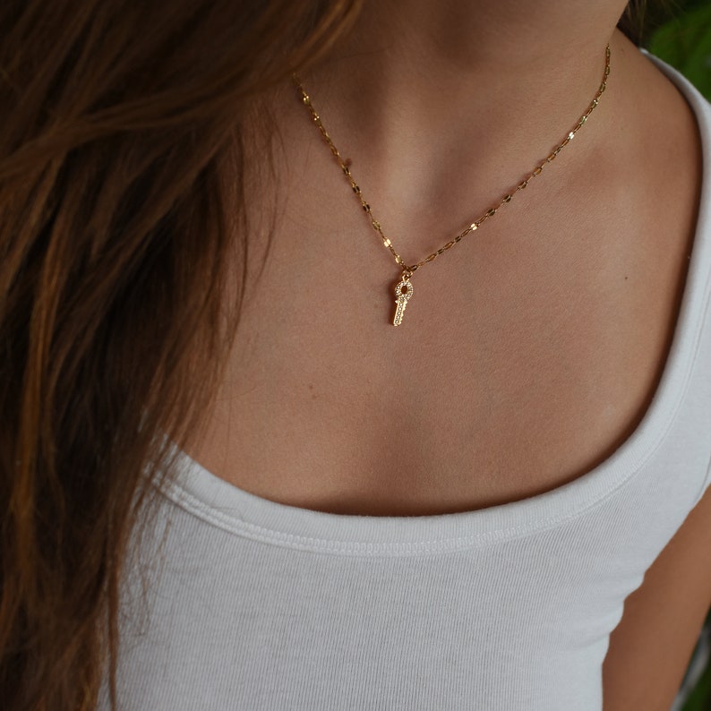 Tiny Gold Key Pave Charm Necklace, Small Pendant Necklace, Gift for Her