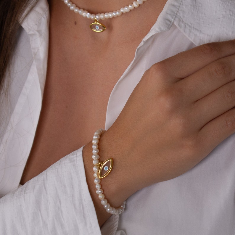evil eye bracelet, small evil eye pearl bracelet, freshwater pearl bracelet, dainty pearl bracelet, minimalist bracelet, handmade bracelet image 4