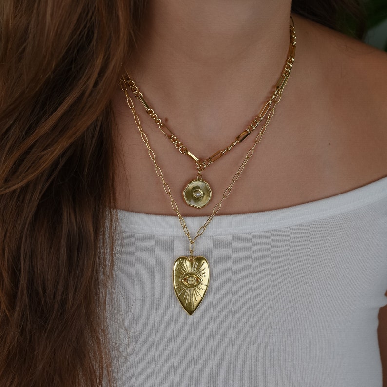 Layered Necklace, Gold Large Heart Necklace, Irregular Circle Charm