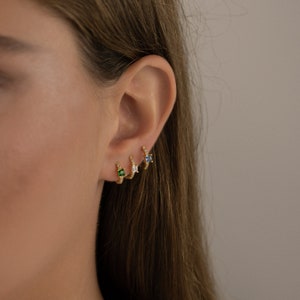 emerald huggie hoop earrings, small huggie gold earrings, tiny hoop earrings with cz stones, minimalist hoops, dainty earrings, gift for her image 5